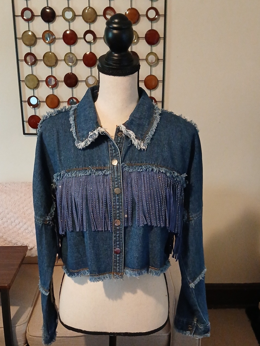 Fringed Cropped Denim Button-Down Jacket - Blue